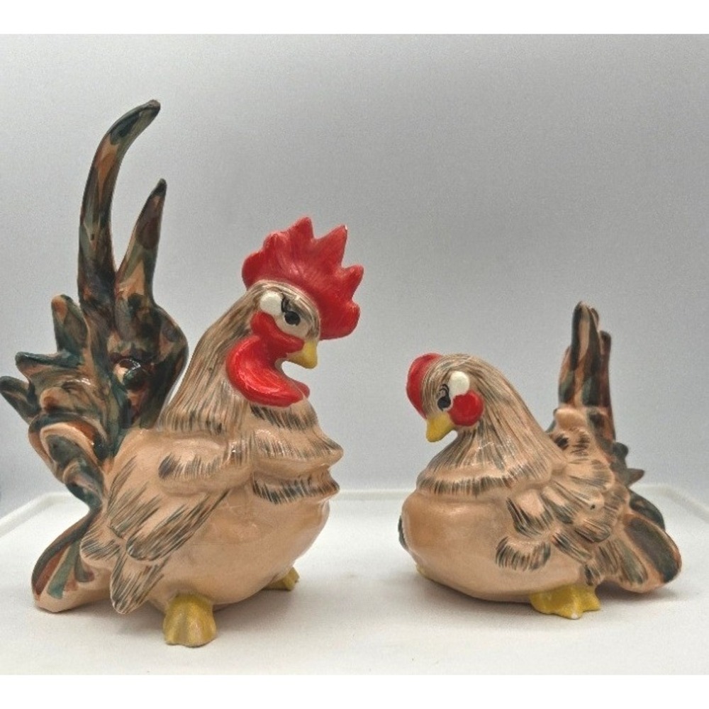 Vintage Hand Painted Ceramic Rooster & Hen Figurines Set - Country Farmhouse